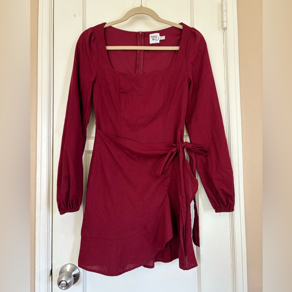Princess Polly Women's Size 6 The Villa Burgundy Mini Dress with Long Sleeves